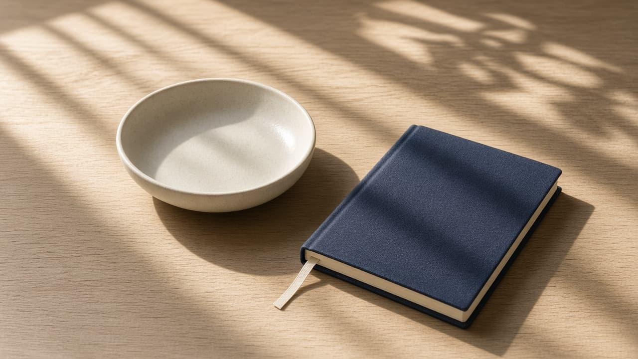 Empty ceramic dish and a closed notebook on a pale wood desk.