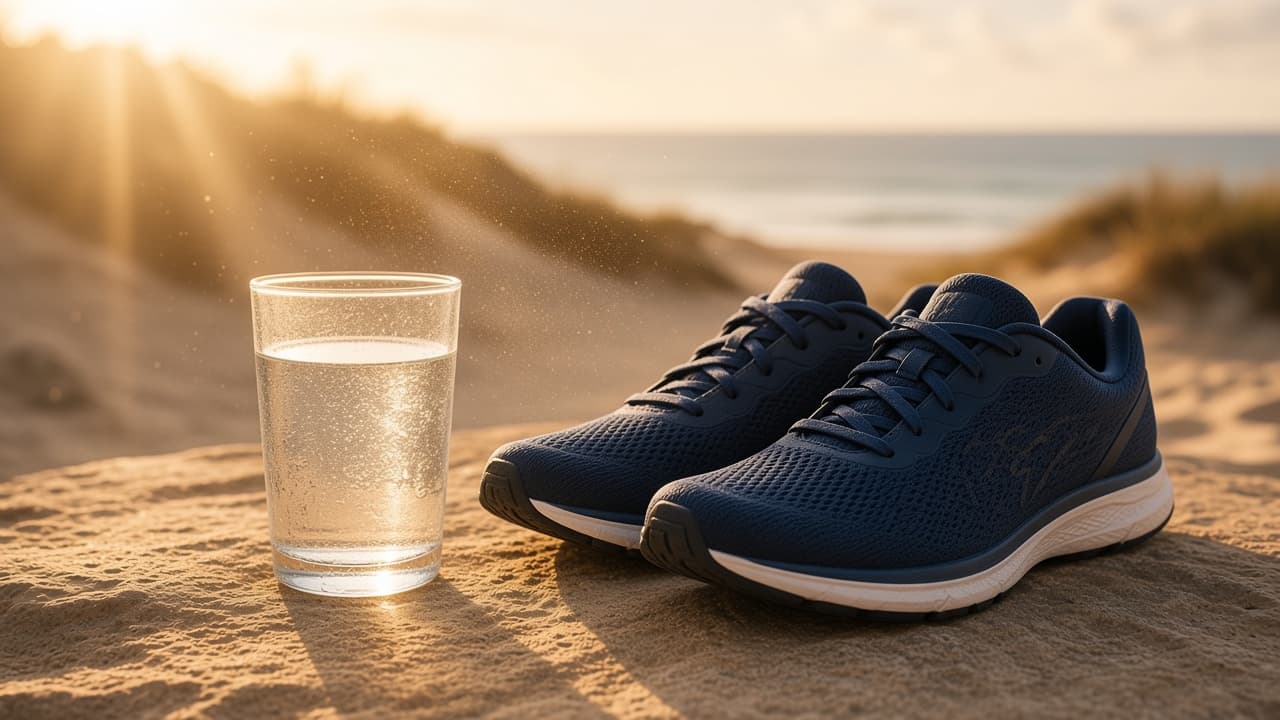 Running shoes and a glass of water on warm stone in morning light.