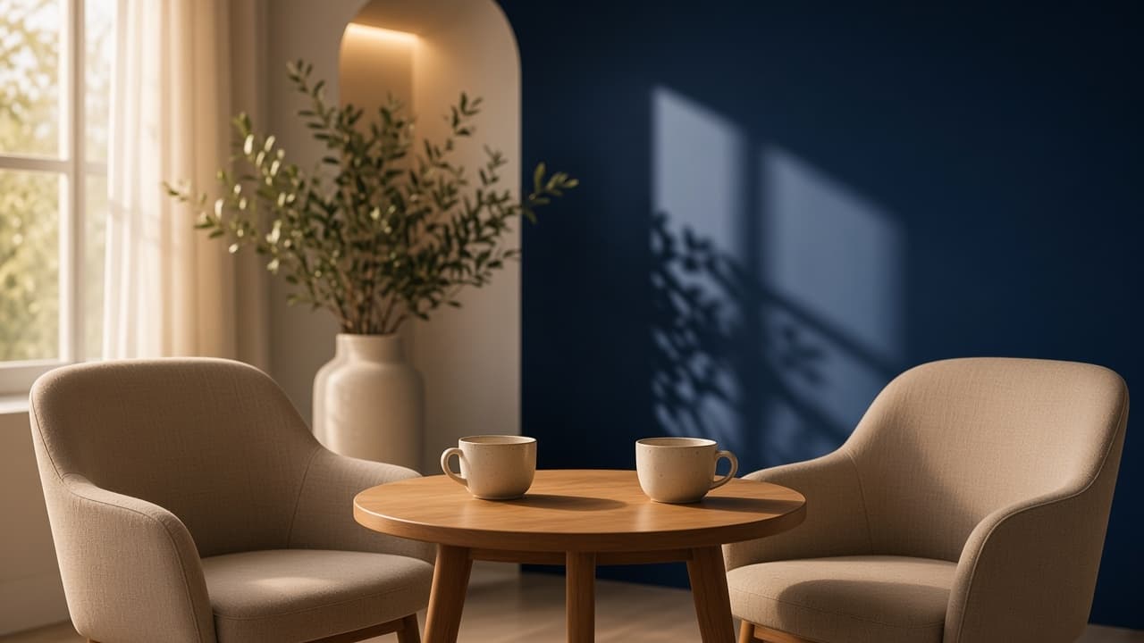 Two cream ceramic cups on a small table between linen chairs in a quiet sunlit room.