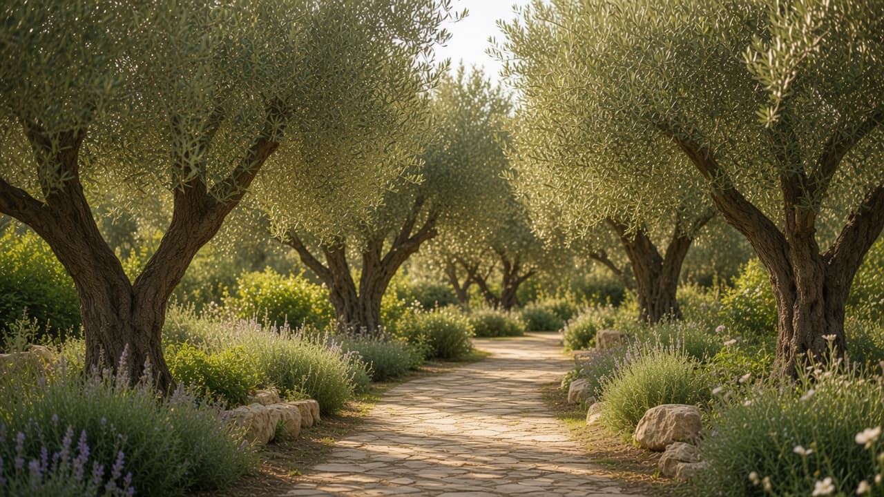 Sunlit stone garden path lined with olive trees.