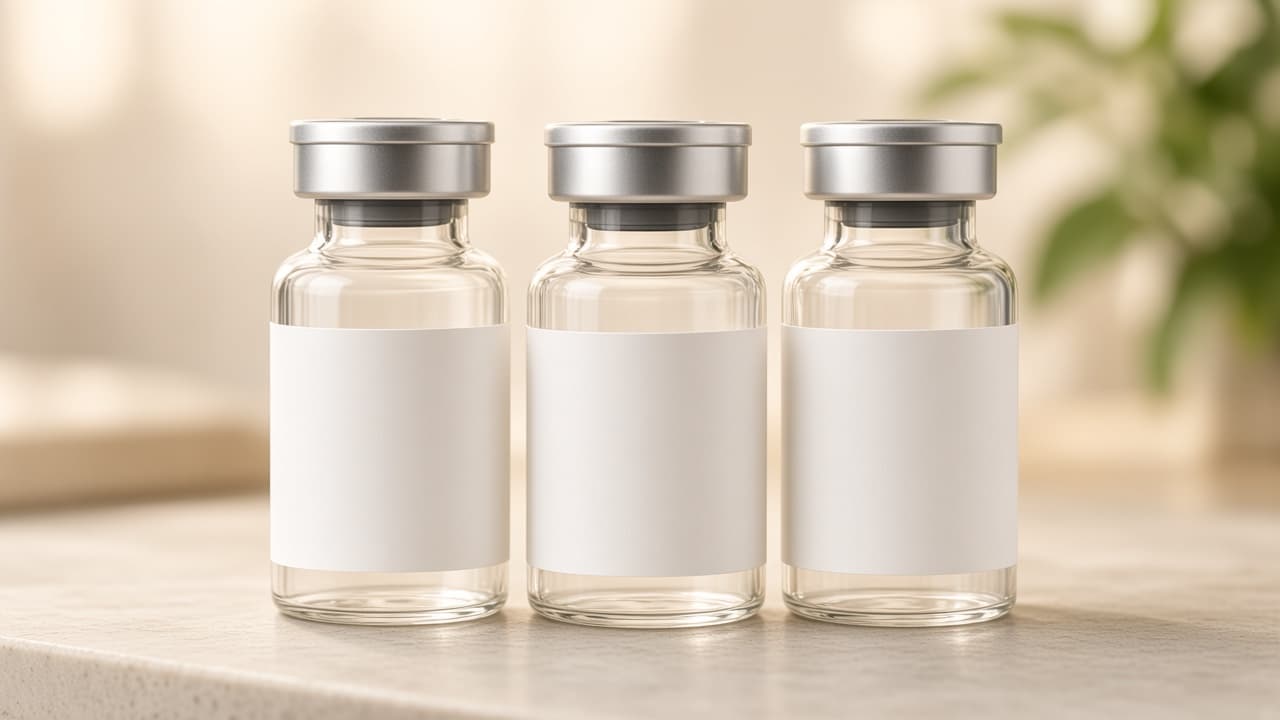 Three sealed prescription vials in warm clinical light.